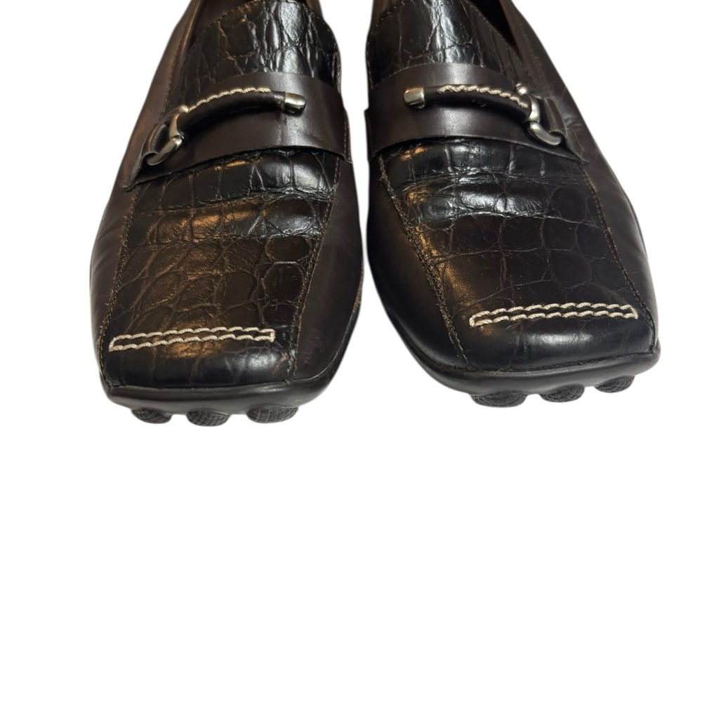 Sesto Meucci Brown Leather Loafers Womens Sz 8.5 Horse Bit Buckle Croc Embossed - Picture 3 of 14